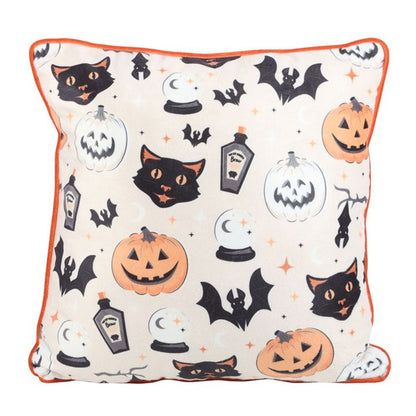 35cm Square Spooky Cat and Pumpkin Halloween Print Cushion - Cat Brew Club