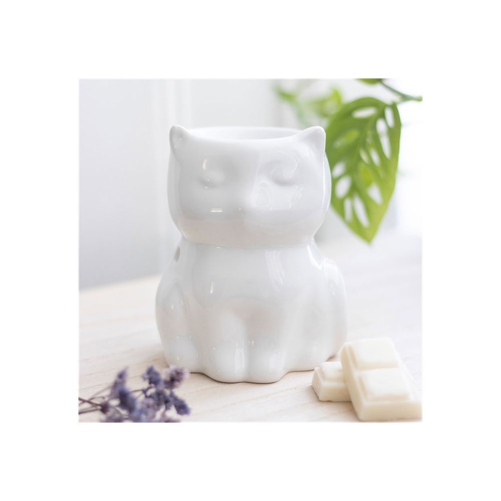 Shiny White Cat Oil Burner - Ceramic Aromatherapy Diffuser - Cat Brew Club