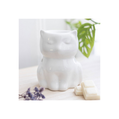 Shiny White Cat Oil Burner - Ceramic Aromatherapy Diffuser - Cat Brew Club