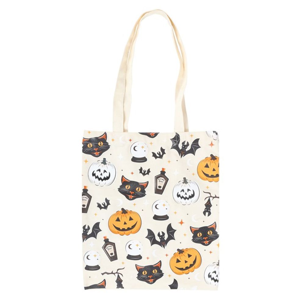 Spooky Cat and Pumpkin Tote Bag - Polycotton Shopping Bag - Cat Brew Club