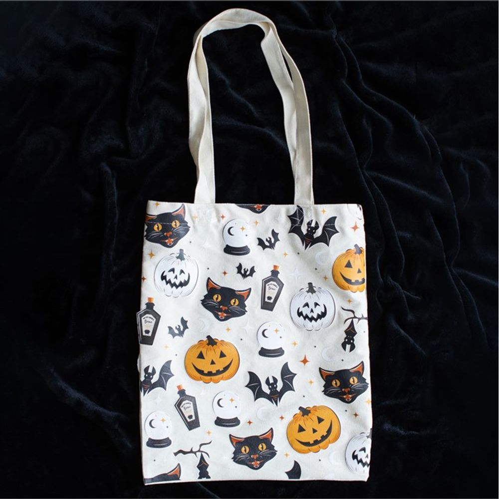 Spooky Cat and Pumpkin Tote Bag - Polycotton Shopping Bag - Cat Brew Club