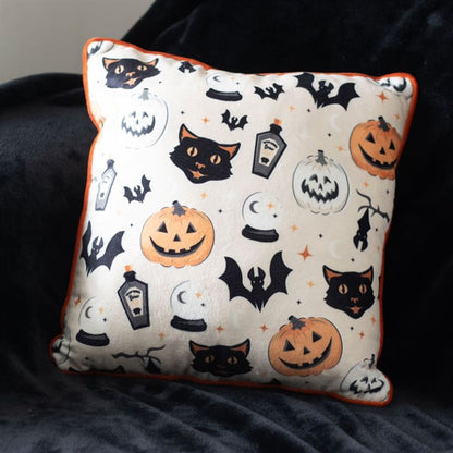 35cm Square Spooky Cat and Pumpkin Halloween Print Cushion - Cat Brew Club